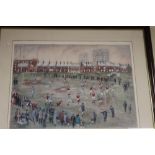 A FRAMED AND GLAZED PICTURE DEPICTING A FOOTBALL MATCH SIGNED B MCMULLEN
