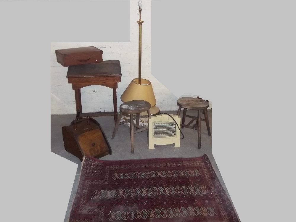 A QUANTITY OF ITEMS TO INCLUDE AN ART DECO ELECTRIC FIRE, TWO ANTIQUE STOOLS, VINTAGE CASES, A RUG