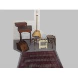 A QUANTITY OF ITEMS TO INCLUDE AN ART DECO ELECTRIC FIRE, TWO ANTIQUE STOOLS, VINTAGE CASES, A RUG