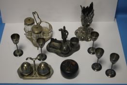 A BOX OF WHITE METAL ITEMS TO INCLUDE A SET OF FIVE GOBLETS, CRUET SET ETC