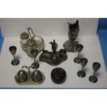 A BOX OF WHITE METAL ITEMS TO INCLUDE A SET OF FIVE GOBLETS, CRUET SET ETC