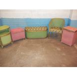 FIVE LLOYD LOOM STYLE ITEMS TO INCLUDE A CHAIR, BLANKET BOX, LINEN BOX, STOOL