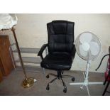 FOUR ITEMS TO INCLUDE AN OFFICE CHAIR, A SHOE RACK, A FLOOR STANDING FAN AND A FLOOR STANDING