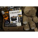 A LARGE VINTAGE BEAR TOGETHER WITH A BOX OF SUNDRIES TO INCLUDE A LAVA LAMP