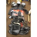 TWO MOTORBIKE JACKETS , THREE MOTORBIKE HELMETS, AND A QUANTITY OF MOTORBIKE BOOTS TOGETHER WITH A