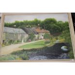 A FRAMED OIL ON BOARD DEPICTING A COTTAGE SCENE SIGNED FLORA L OXFORD