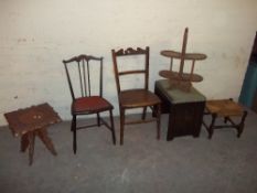 SIX ITEMS TO INCLUDE CHAIRS, STOOLS, TABLE AND A CAKE STAND