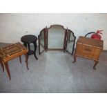 FOUR ITEMS INCLUDING A TRIPLE MIRROR, TWO SEWING STORAGE TABLES AND AN EBONISED PLANT STAND