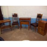 FIVE ITEMS TO INCLUDE A REPRO HALL SIDE TABLE, AN OAK SERVING TROLLEY, TWO EDWARDIAN STYLE CHAIRS