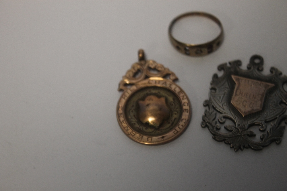 A 9 CT GOLD FOB MEDAL, A 9 CT GOLD RING A/F AND A SILVER FOB - Image 3 of 4