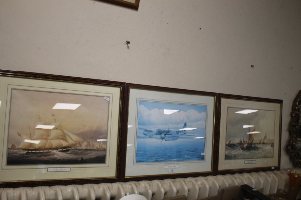 TWO PRINTS DEPICTING SAILING SHIPS TOGETHER WITH AN AEROPLANE PRINT