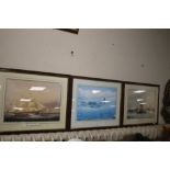 TWO PRINTS DEPICTING SAILING SHIPS TOGETHER WITH AN AEROPLANE PRINT