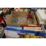 A TRAY OF GLASSWARE TOGETHER WITH A SMALL COLLECTION OF BOOKS