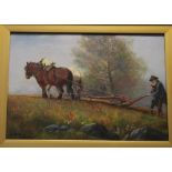 A FRAMED BRITISH SCHOOL OIL ON CANVAS OF A PLOUGHING SCENE DATED 1914 SIGNED TO THE LOWER LEFT