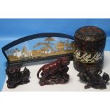 THREE ORIENTAL STYLE FIGURES, A ORIENTAL LIDDED POT AND A ORIENTAL FRAMED SCENE (TRAY NOT INCLUDED)