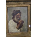 A FRAMED OIL ON CANVAS DEPICTING AN ELDERLY GENTLEMAN PUFFING ON HIS PIPE