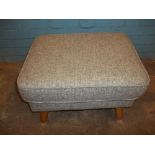 A G-PLAN VINTAGE STYLE FOOTSTOOL AND A GLASS TOPPED RATTAN WICKER TABLE