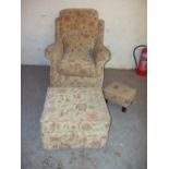 AN ALSTONS CHENILLE FABRIC ARMCHAIR AND STORAGE POUFFE WITH MATCHED FOOTSTOOL