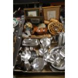 TWO TRAYS OF METALWARE AND TREEN (TRAYS NOT INCLUDED)