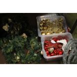 A QUANTITY OF ASSORTED CHRISTMAS DECORATIONS MAINLY GOLD AND RED, INCLUDING TWO GARLANDS ETC