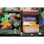 A TRAY OF MISCELLANEOUS BOOKS TOGETHER WITH A TRAY OF ASSORTED TINS (TRAYS NOT INCLUDED)