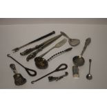 A SILVER PILL BOX TOGETHER WITH A SELECTION OF SILVER AND WHITE METAL CUTLERY ETC