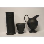 THREE PIECES OF BLACK BASALT, TWO STAMPED WEDGWOOD