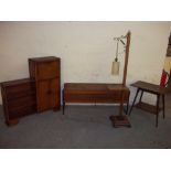 FOUR ITEMS TO INCLUDE A VINTAGE WOODEN TABLE LAMP, A RETRO TEAK RADIOGRAM, AN ANTIQUE HARDWOOD