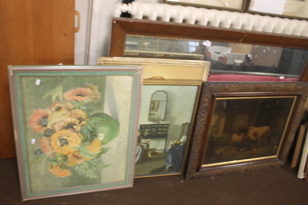 A LARGE FRAMED MIRROR TOGETHER WITH A CATTLE PICTURE AND TWO OTHERS