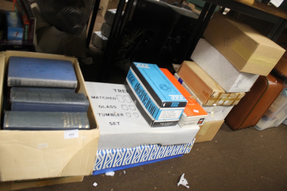 A COLLECTION OF BOXED GLASSWARE TOGETHER WITH A BOX OF ASSORTED BOOKS