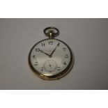 A YELLOW METAL OPEN FACED POCKET WATCH, MARKED 585, SIGNED TISSOT TO DIAL AND INNER DUST COVER,