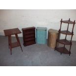FIVE ITEMS TO INCLUDE A WOTNOT, TWO LOOM STYLE LINEN BOXES AND A SIDE TABLE ETC. (5)