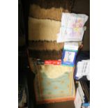 THREE ASSORTED RUGS, KITCHEN TOOL SET ETC