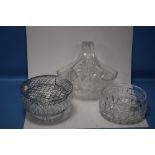 A CUT GLASS BASKET DISH AND BOWL