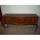 A WALNUT INLAID SERPENTINE FRONTED REPRO HIGH GLOSSED SIDEBOARD