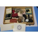 A BOX OF COLLECTABLES TO INCLUDE WRIST WATCHES, WHISTLES, COINS ETC.