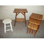 A NEST OF TWO TABLES, A BAMBOO SIDE TABLE AND AN ANTIQUE STOOL (3)