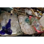 THREE TRAYS OF GLASSWARE TO INCLUDE DECANTER, FRUIT BOWL ETC. (TRAYS NOT INCLUDED)