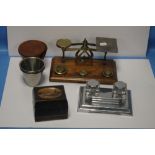 A SET OF POSTAGE SCALES TOGETHER WITH AN INKWELL CARVED BOX ETC