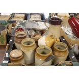 A TRAY OF STONEWARE JUGS A VASES (TRAYS NOT INCLUDED)