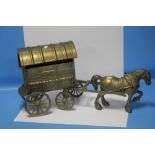 A LARGE BRASS GYPSY HORSE AND CART