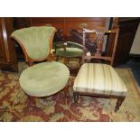 A SMALL VICTORIAN MAHOGANY UPHOLSTERED CHAIR TOGETHER WITH AN EDWARDIAN CHAIR (2)