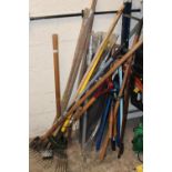 A SELECTION OF GARDENING TOOLS PLUS A PARASOL, AQUA VAC (NO HOSE) ETC