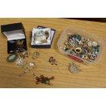 A QUANTITY OF COSTUME JEWELLERY TO INCLUDE BROOCHES, LIZARD SHAPED MARCASITE BROOCH