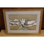 A FRAMED AND GLAZED MIXED MEDIA PICTURE OF A SPANISH VILLAGE BY BARBARA J STEWART PICTURE SIZE -