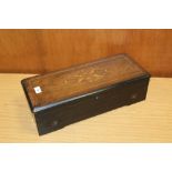 AN ANTIQUE INLAID MAHOGANY MUSIC BOX - CONTENTS REMOVED