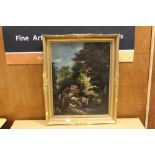 AN ANTIQUE GILT FRAMED OIL ON CANVAS DEPICTING A WOODLAND SCENE WITH HORSE DRAWN CART AND FIGURES