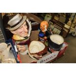 A TRAY OF ROYAL DOULTON CHARACTER JUGS TO INCLUDE JIMMY DURANTE, TOGETHER WITH A CERAMIC FIGURE