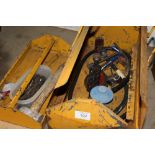 A WORKZONE BENCH GRINDER WITH SAND BELT TOGETHER WITH A SMALL SELECTION OF TOOLS, TOOLBOX A/F,