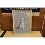 A FRAMED AND GLAZED PASTEL PICTURE OF A SEATED WHITE DOG SIGNED JEPSON 71 LOWER RIGHT PICTURE SIZE -